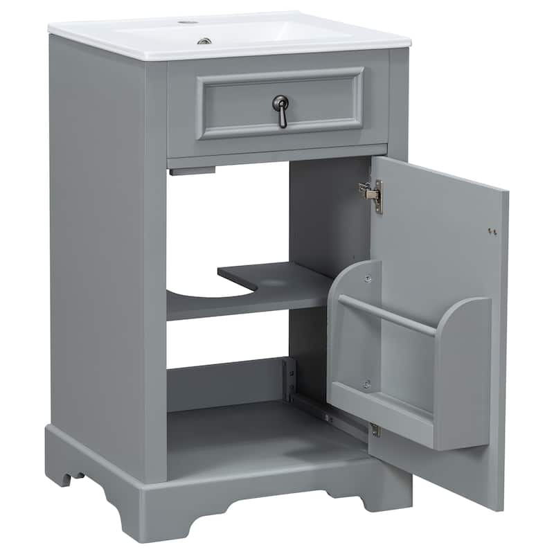 GDFStudio - Lisa Wood & Ceramic 20" Bathroom Vanity with Sink, Soft-Close Door & Storage Rack