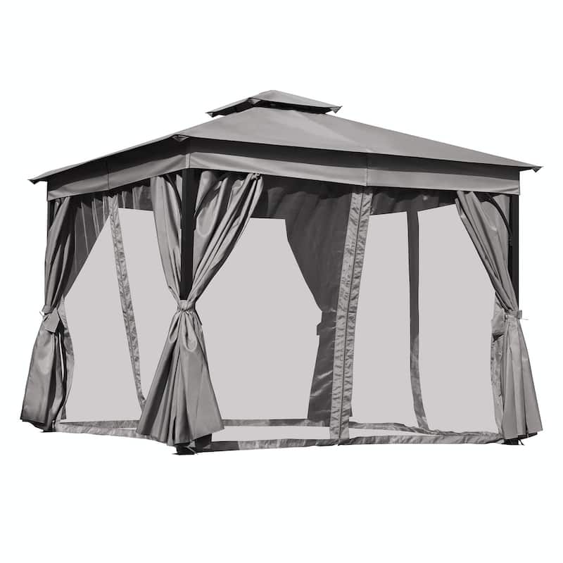 Outdoor Gazebo Tent with Double Roof, Mosquito Netting & Privacy Screens