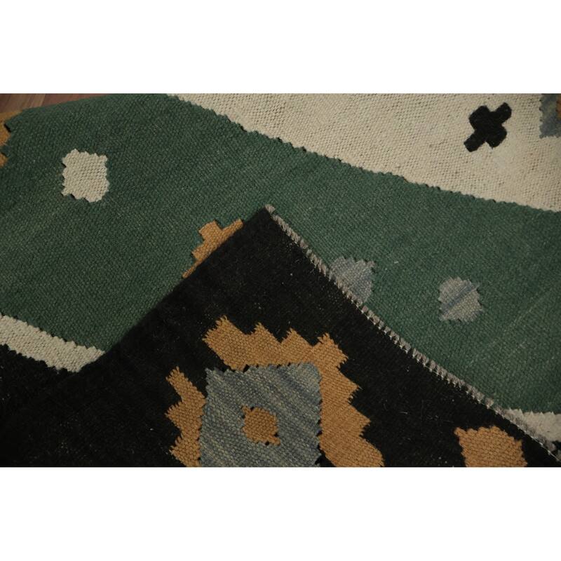 Hand Woven Oriental 100% Wool Carpet Southwestern Tribal Green Kilim Area Rug - 8' 9'' X 4' 11''