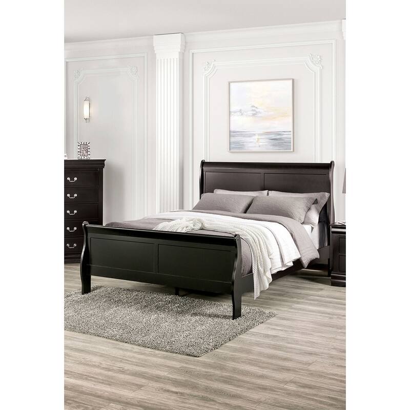 Queen Size Sleigh Bed in Black, Contemporary Style, Solid Wood Construction