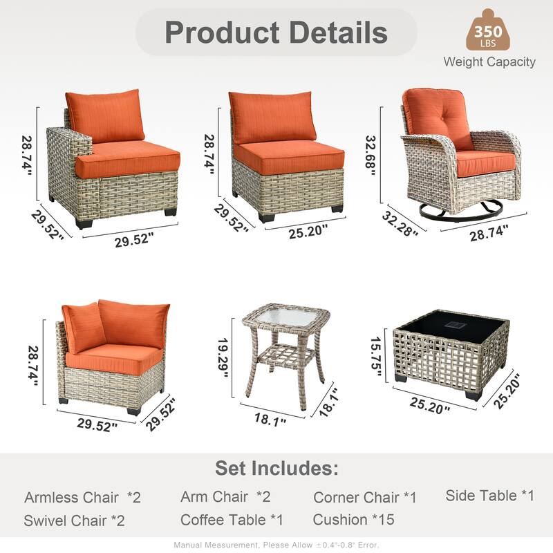 OVIOS 9 Pieces Swivel Chair Set Wide Arm T shaped Seat With Solar-Powered Coffee Table