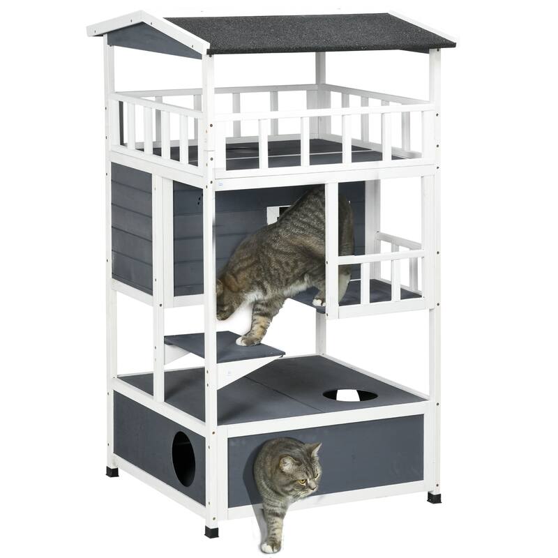 PawHut Wooden Outdoor Cat House, Feral Cat Shelter Kitten Tree - Grey - Grey