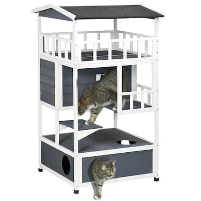 PawHut Wooden Outdoor Cat House, Feral Cat Shelter Kitten Tree - Grey