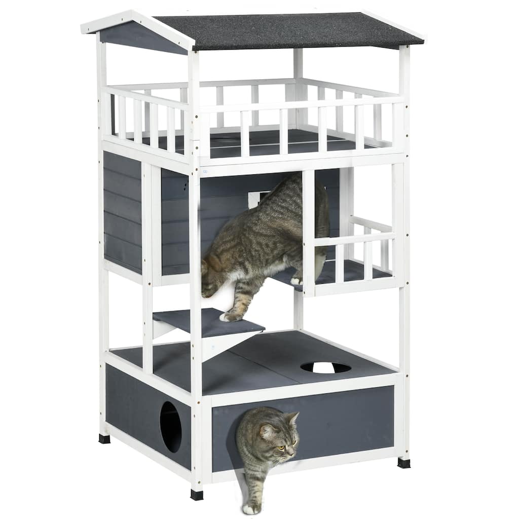 Wooden Outdoor Cat House, Feral Cat Shelter Kitten Tree with Asphalt Roof, Escape Doors, Condo, Jumping Platform - Grey