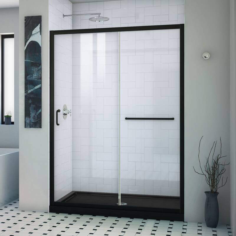 DreamLine Infinity-Z 32 in. D x 54 in. W x 74 3/4 in. H Sliding Shower Door and Shower Base Kit - 32" x 54" - Satin Black, Black Base, Center Drain