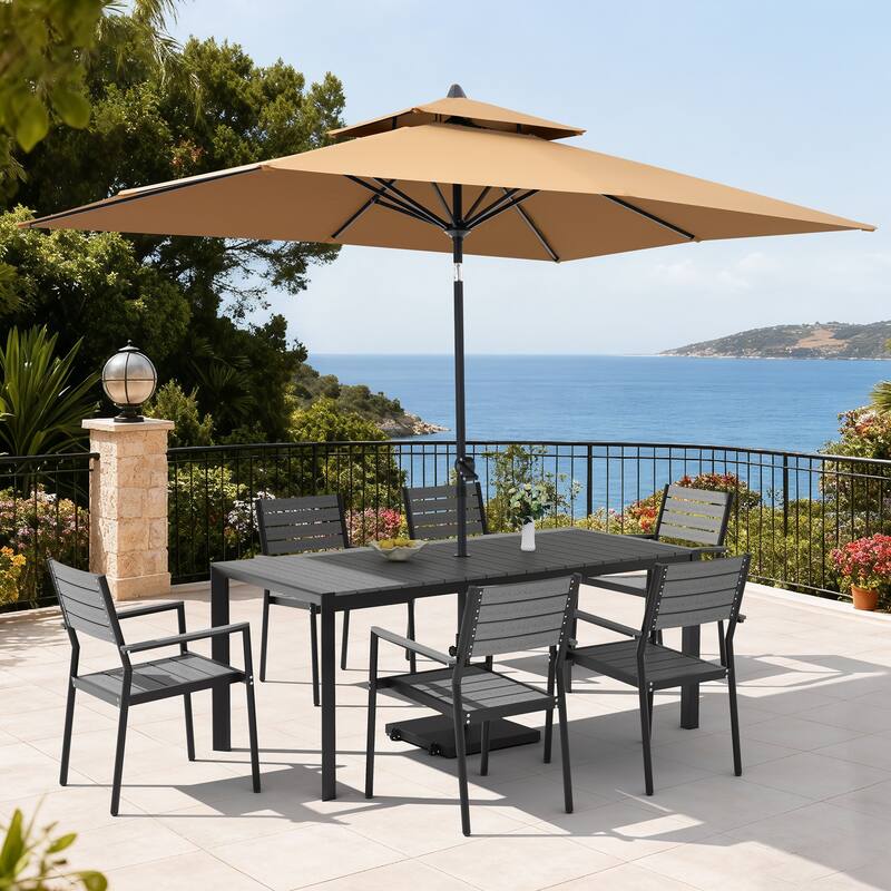Set of 9 Outdoor Patio Dining Set WoodLike Aluminum Umbrella Hole Table with Stackable Armchairs, Double Top Market Umbrella Set - GreyTable&GreyChairs&TanUmbrella
