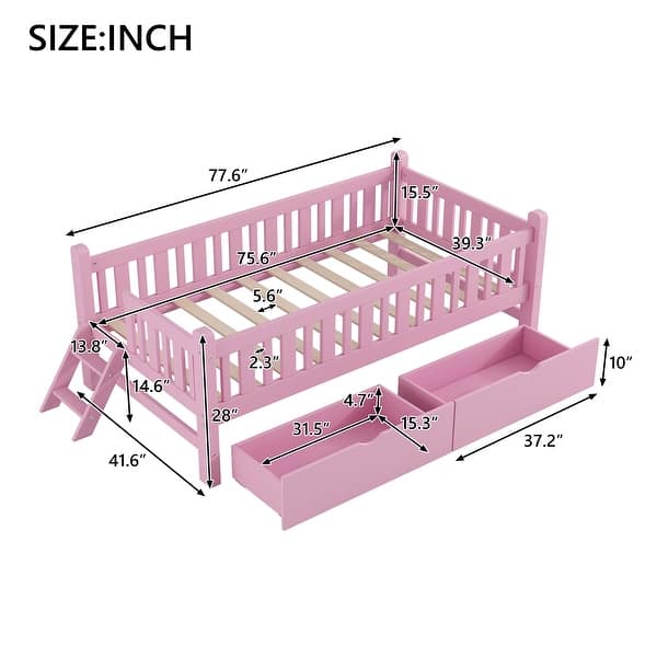 dimension image slide 0 of 2, Low Twin Platform with 2 Drawers & Guardrails for Kids Room