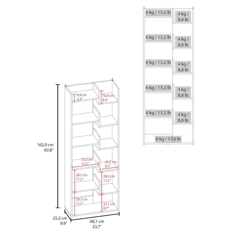 Clover 67" Tall Free standing 6-Tier Bookcase Storage Cabinet, Home Office, Living room, Bookshelf