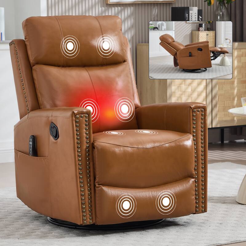One Piece Genuine Leather Recliner Chair with Massage Heat Rocker and Swivel