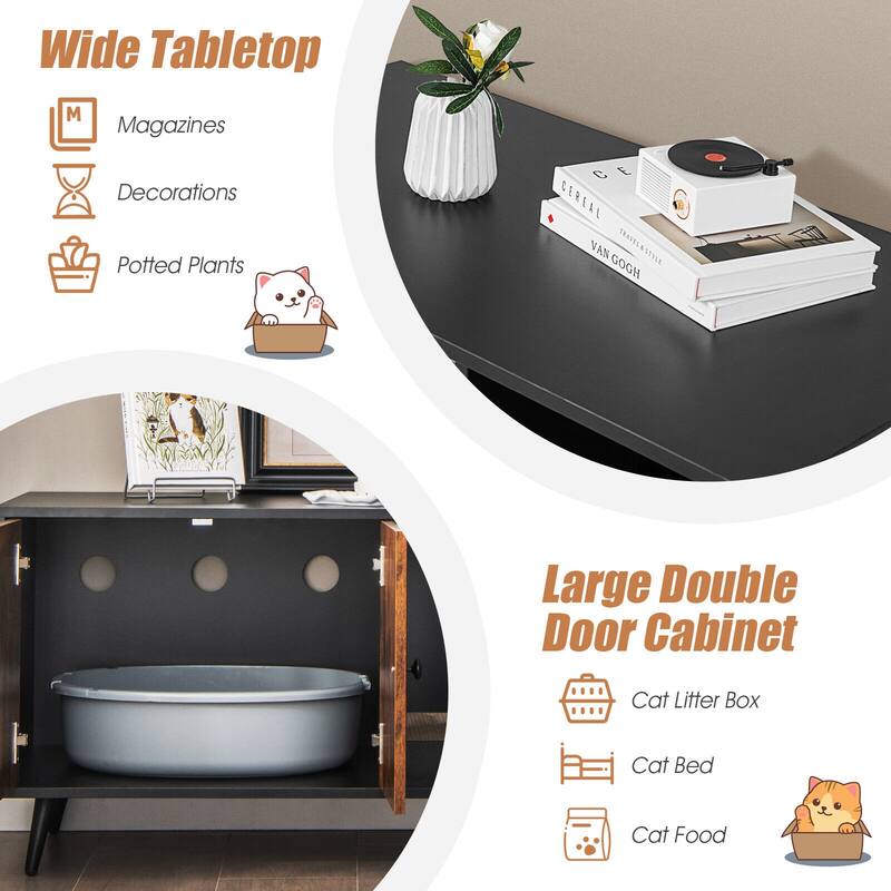 Cat Litter Box Enclosure with Double Door Cabinet
