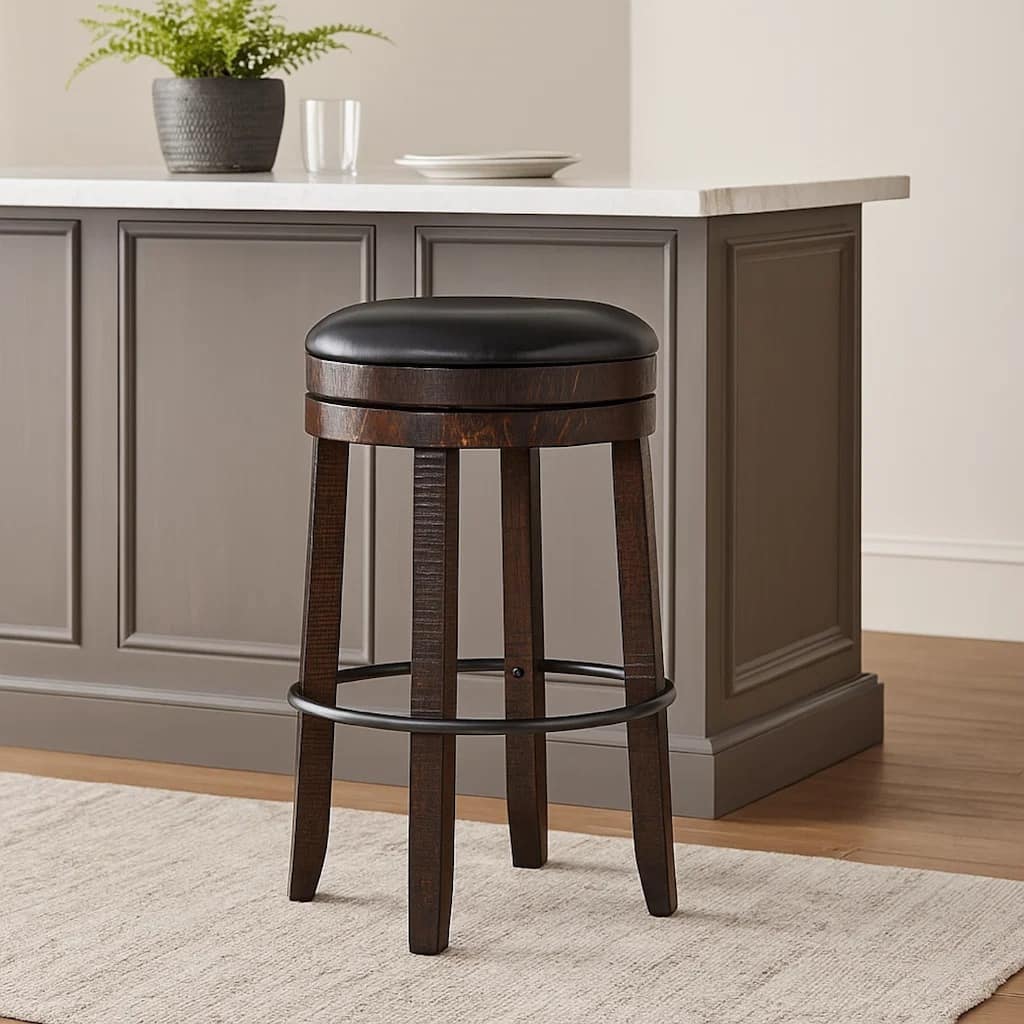 Flint Swivel Barstool Set of 2, Black Faux Leather, Dark Brown Wood