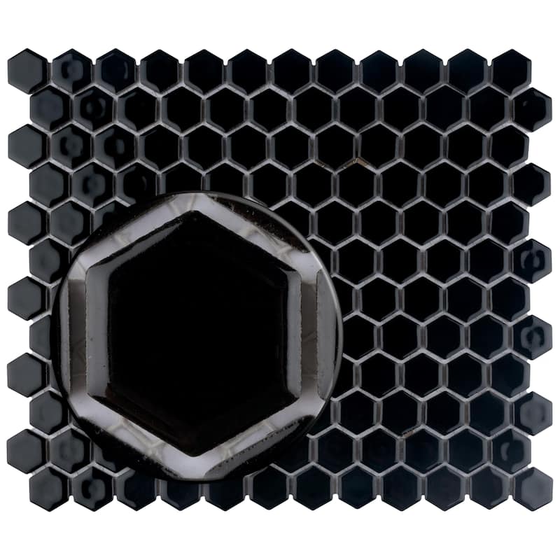 Merola Tile Hudson 1" Hex Glossy Black 11-7/8" x 13-1/4" Porcelain Floor and Wall Tile
