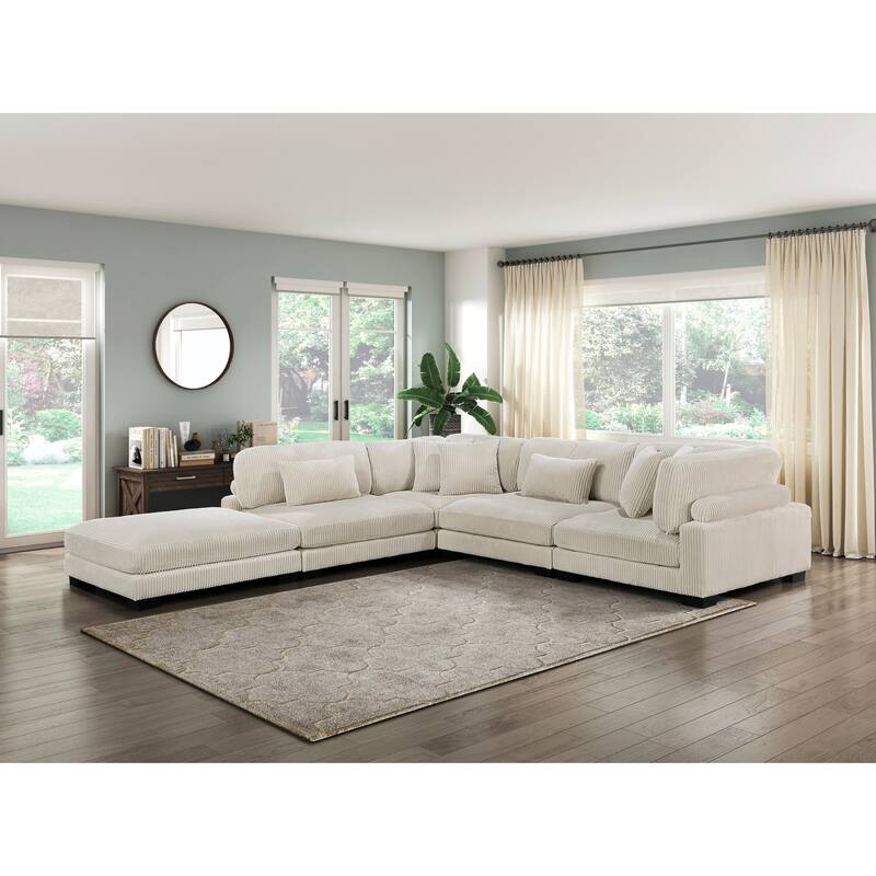 1pc Modern Living Room Ottoman Plush Corduroy Fabric Upholstery Plywood Frame Furniture Modular Piece - Beige