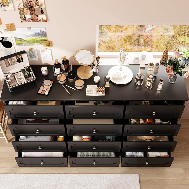 Modern 12-Drawer White Wooden Dresser for Bedroom and Living Room Storage - Black