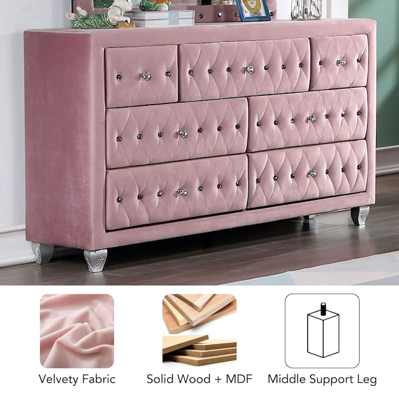 Vyvi Glam Pink 56-inch Wide 7-Drawer Button Fabric Tufted Dresser by Furniture of America