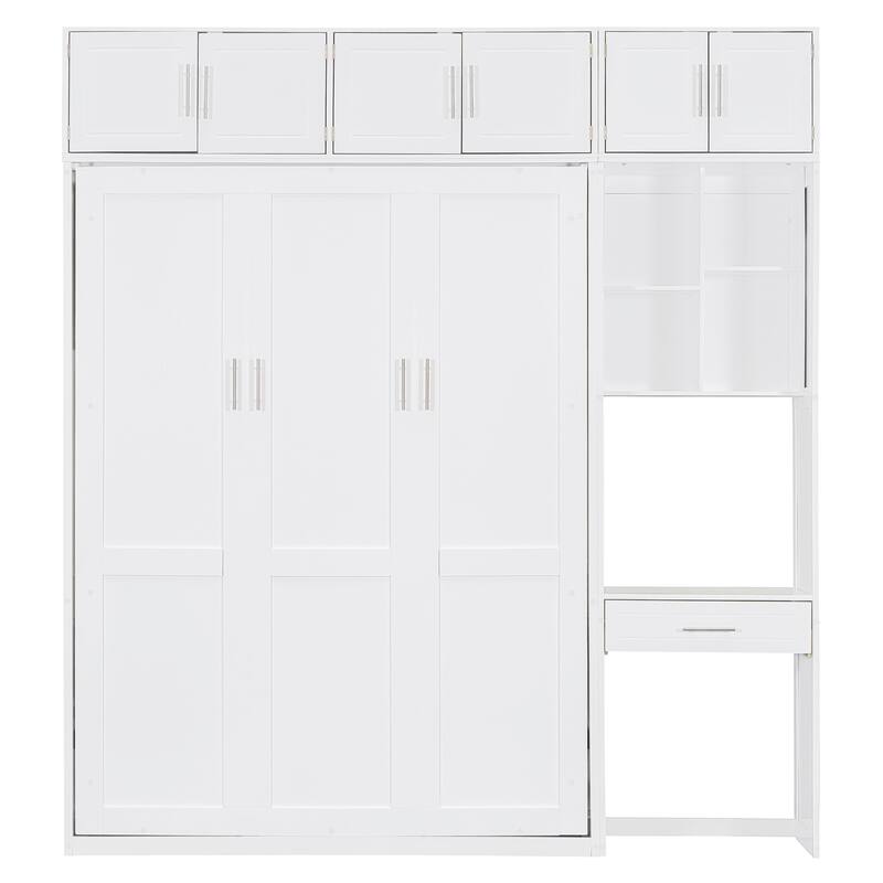 Full Size Space Saving Murphy Bed with Desk, Cabinets, and Shelves, White