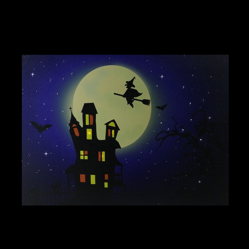 Fiber Optic LED Witch in the Moon Halloween Canvas Art 12" x 15.75"