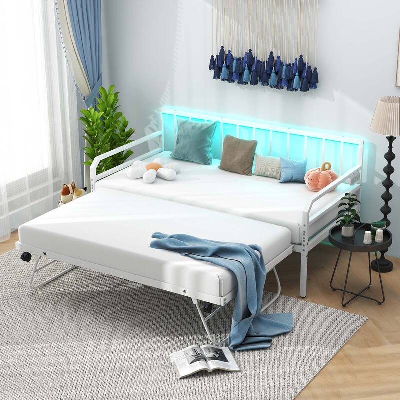 Costway Twin Size Daybed with Pop-up Trundle Charging Station & LED