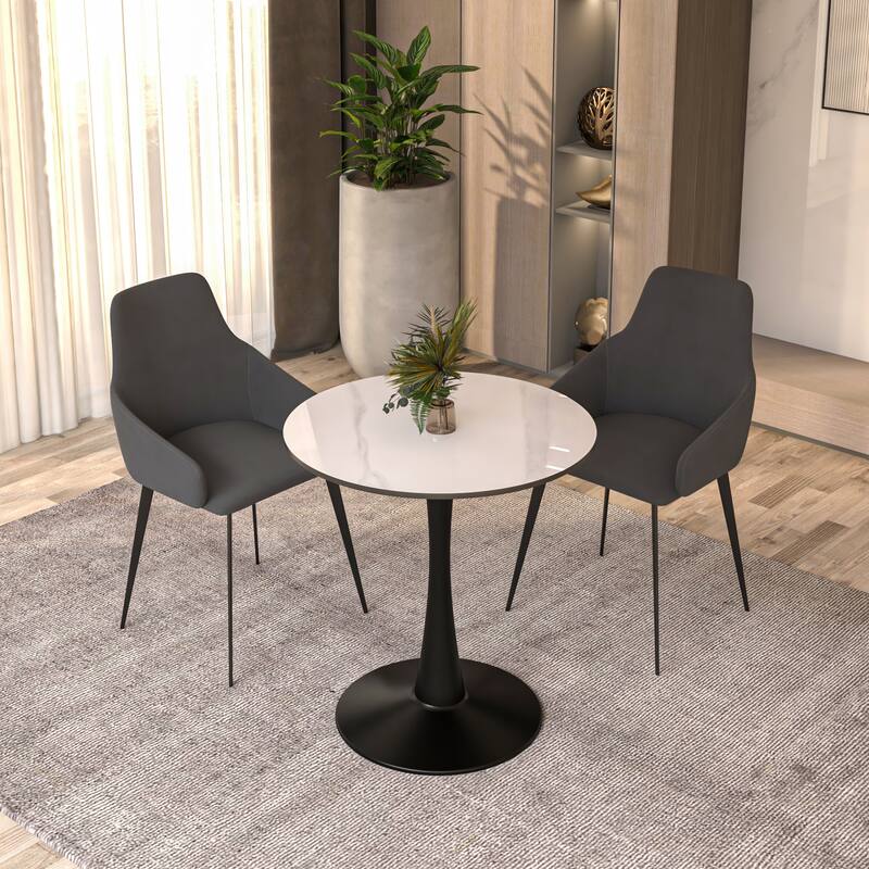 Bristol 27" Round Minimalist Dining Table Sintered Stone Top & Black Iron Pedestal Base for Kitchen & Dining Room
