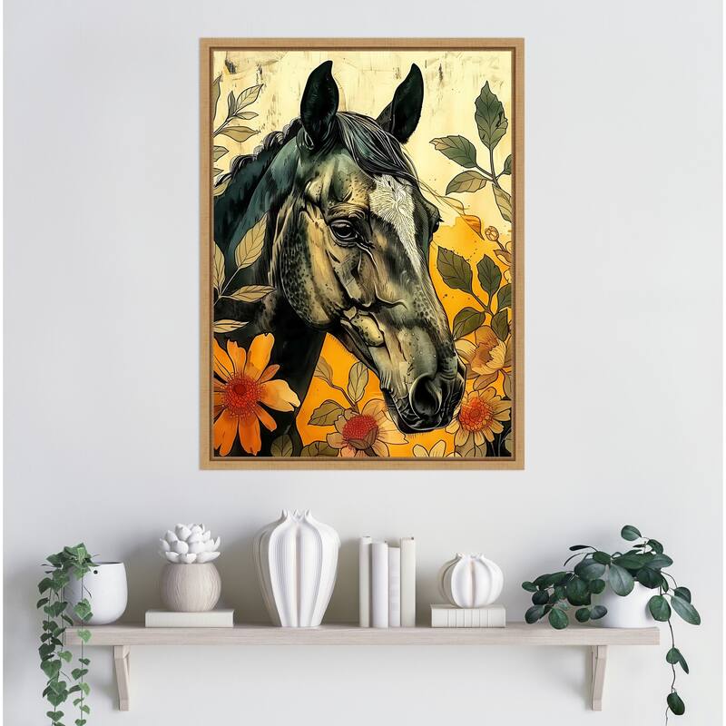 Dark Horse in Flowers by Justyna Jaszke Framed Canvas Wall Art