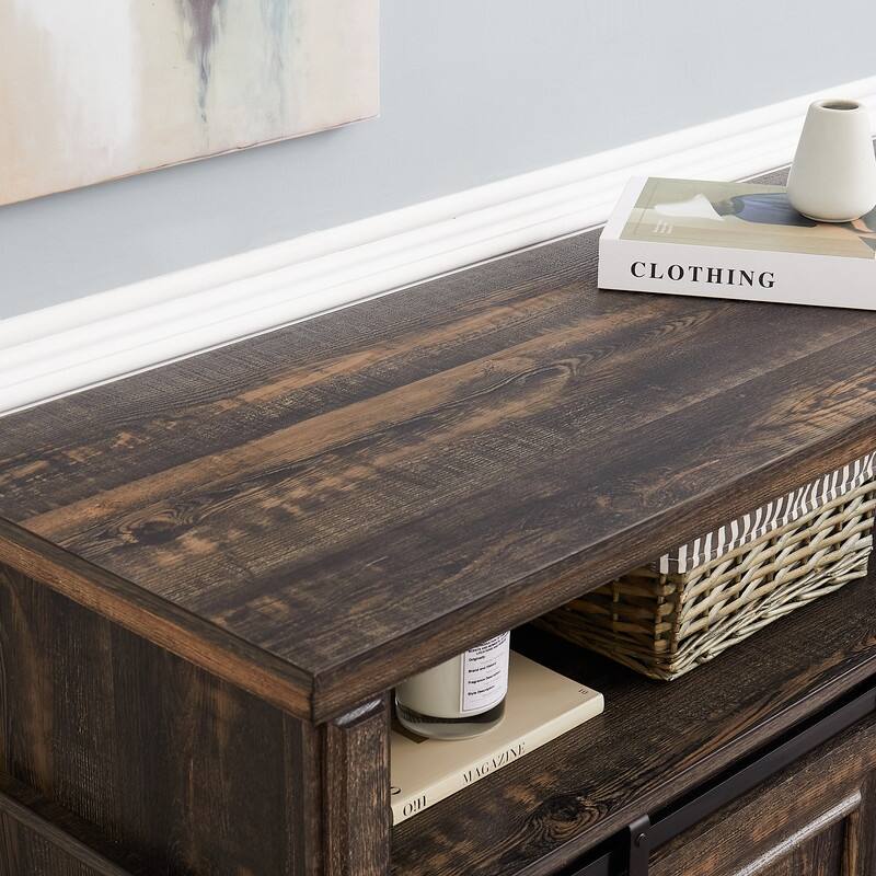 Antique Brown Modern TV Stand with Built-In Fireplace & Sliding Door Storage, 58" Wide Entertainment Console