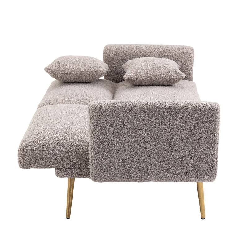 Futon Loveseat Sofa with Rose Golden Feet, 2 Teddy Throw Pillows