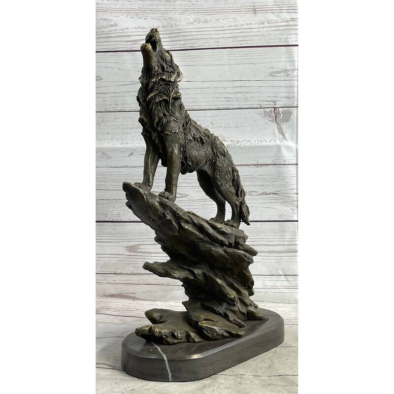 Wolf On Rock Howling At The Moon Bronze Statue Sculpture Wildlife Decor On Marble Base