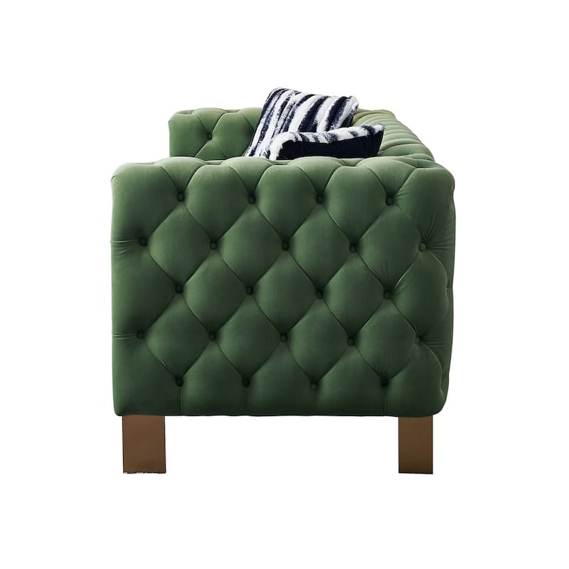 84.25" Luxurious Tufted Velvet Upholstered 3-Seater Sofa with Golden Metal Armrest Design and Buttoned Tufted Backrest