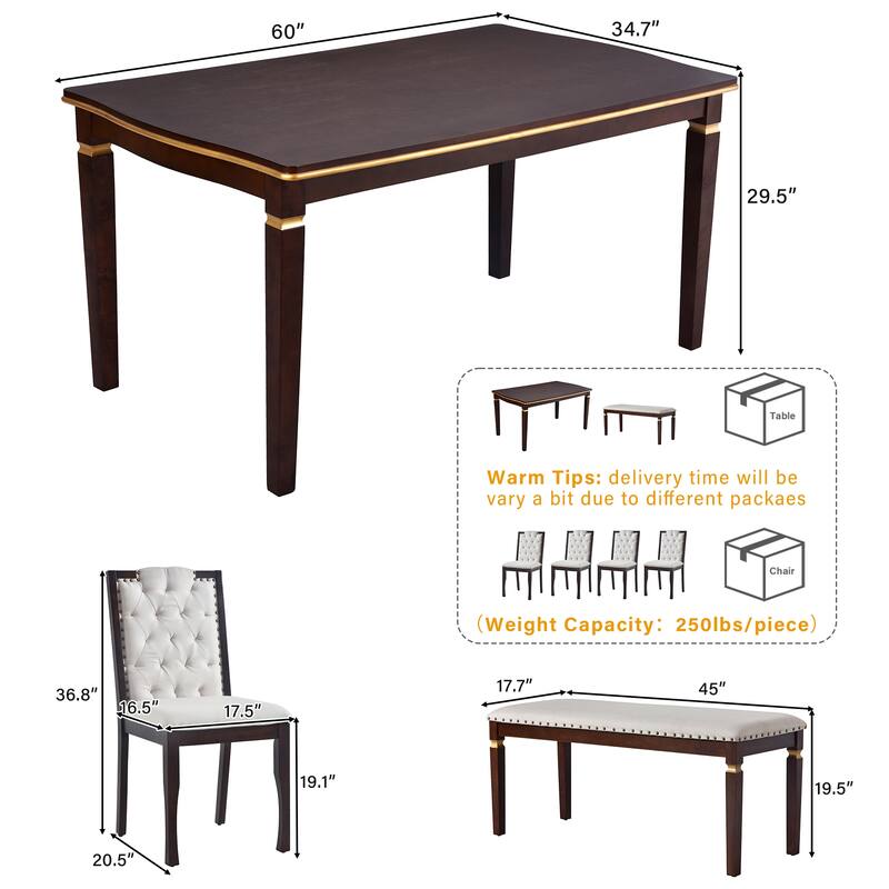Kitchen Dining Table Set, Dining Room Table Set for 6 with Rectangular Table, Bench and 4 High Back Tufted Chairs