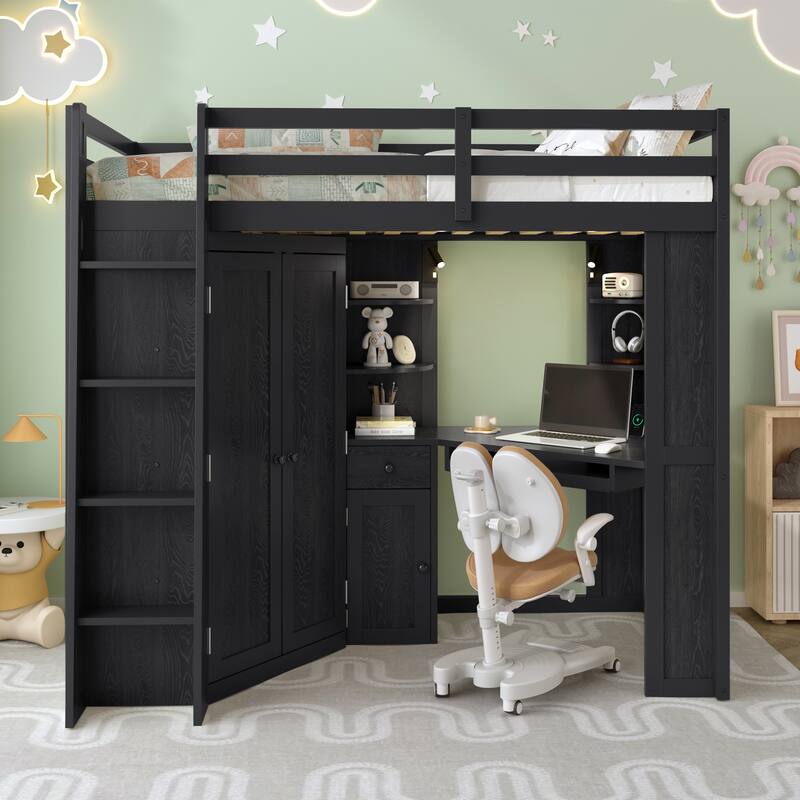 Twin Loft Bed with Integrated Wardrobe Desk Keyboard Tray Charging Station