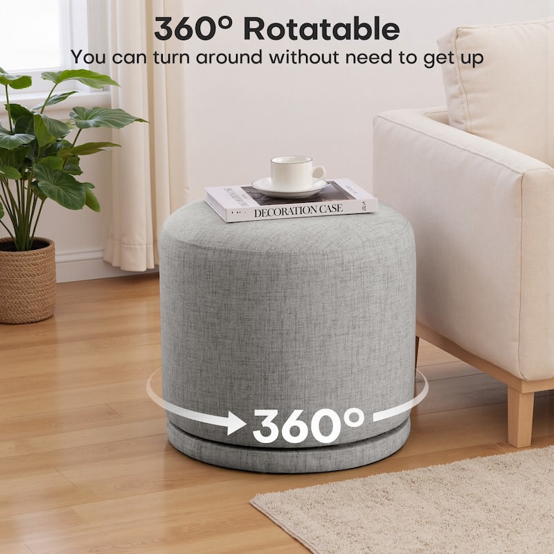 Fully Assembled Linen Round Swivel Ottoman Footstool with Acacia Hardwood Frame