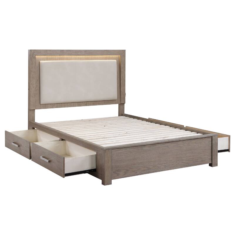 Keno 4pc Queen Bedroom Set, Underbed Storage, LED, Beige Upholstered