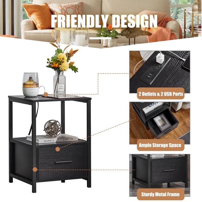 Javlergo 3-pieces Bedroom Set Queen Size Bed and 2 Nightstands with Charging Station USB Port