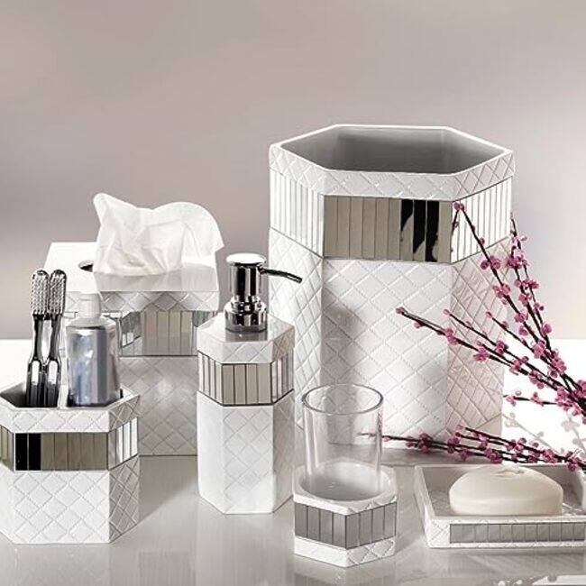 Creative Scents Quilted Mirror White Elegant Bathroom Trash Can