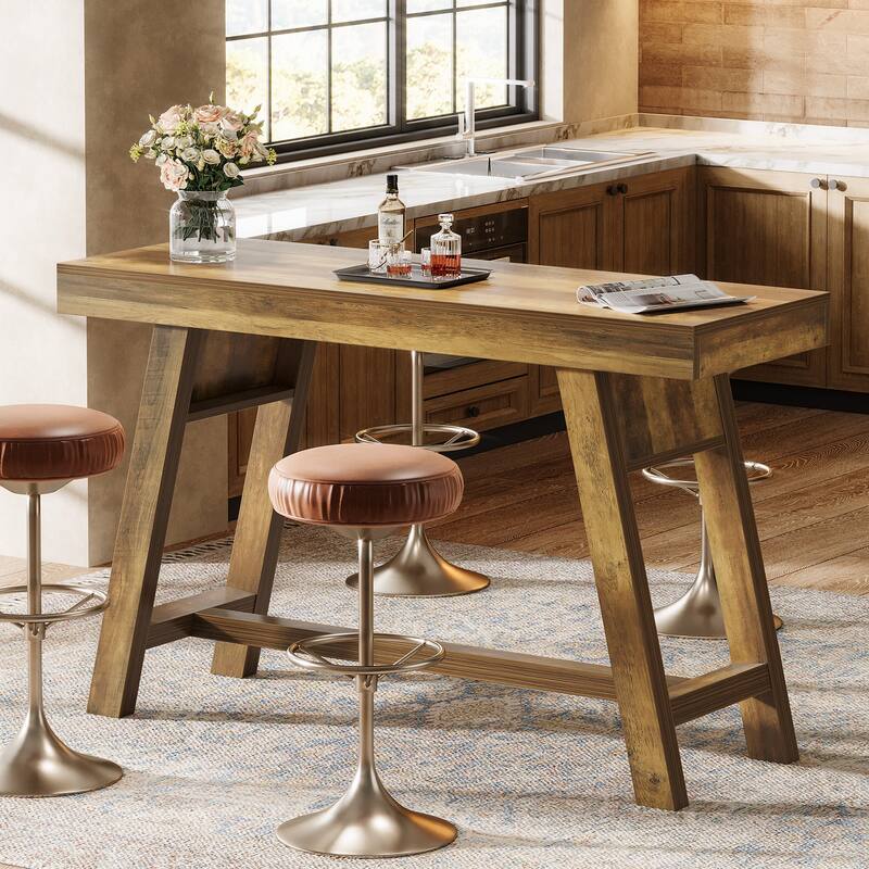 55'' Bar Table Rectangular Home Bar Unit with Stable Trestle Legs