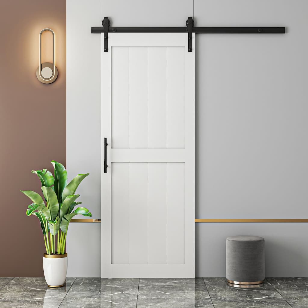 84''H Primed H-Frame White Sliding Barn Door Water Proof PVC Surface With Installation Hardware Kit