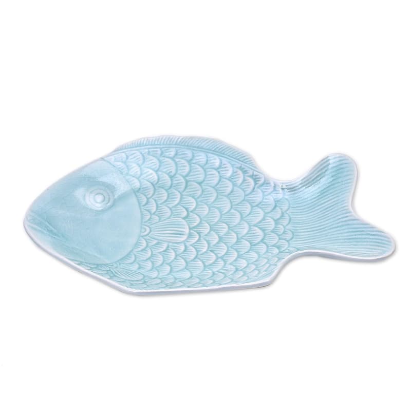 Novica Handmade Mae Ping Fish In Aqua Celadon Ceramic Serving Plate