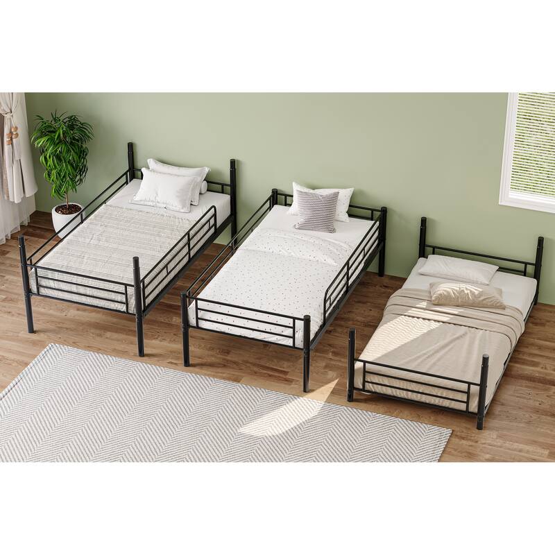 Heavy Duty Metal Triple Twin Bunk Bed with Guardrails, Ladder & Storage, Easy to Assemble