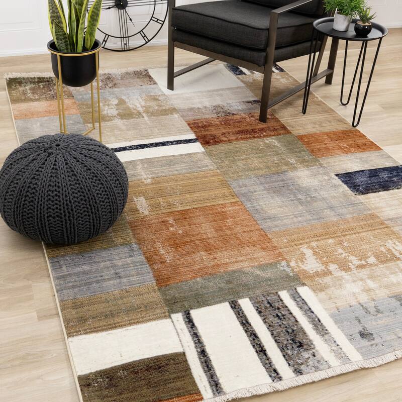 Sydney Collection - Warm Toned Patchwork Design Rug - 5'3" x 7'10"
