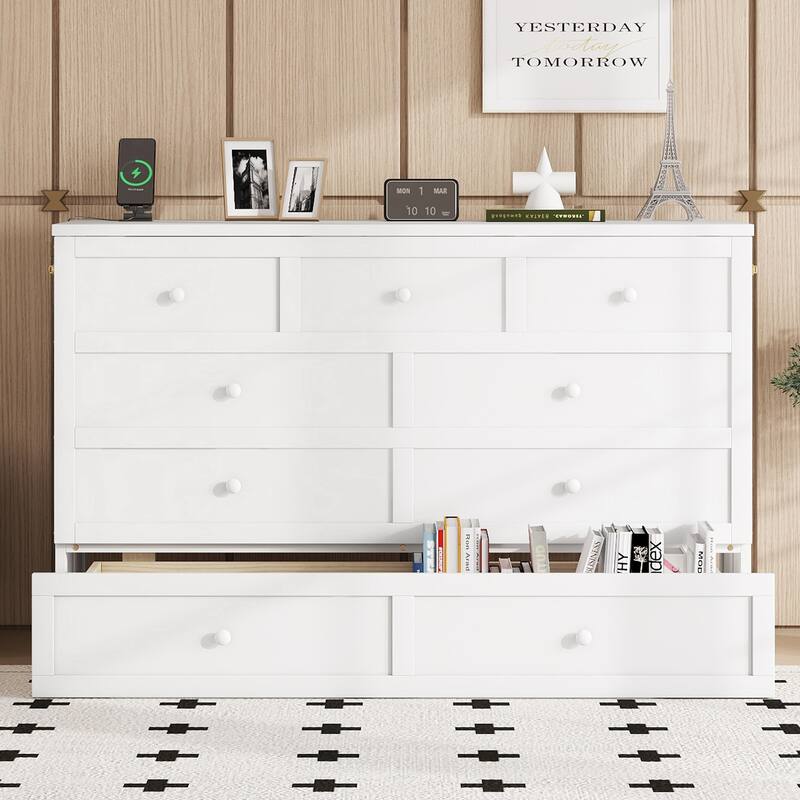 Murphy Bed Cabinet Queen with Storage Drawer and Charging Station, USB Port, Solid Pine Murphy Bedframe for Home Office