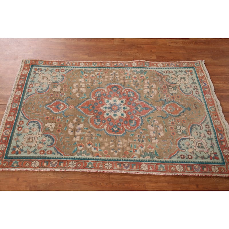 Hand Knotted Oriental 100% Wool Carpet Traditional Medallion Brown Tabriz Area Rug - 4' 9'' X 3' 0''