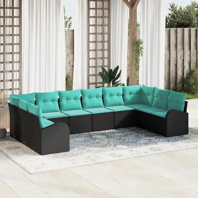 vidaXL 11 Garden Sofa Set with Cushions Black Poly Rattan - 135.4 x 70.5 x 27.2