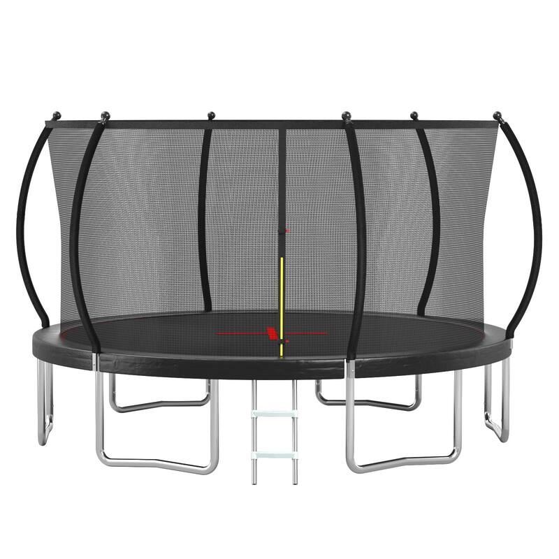 Upgrade Trampoline - Basketball Hoop, Inflator, Ladder, Outer Safety Enclosure, Orange - Black - 168