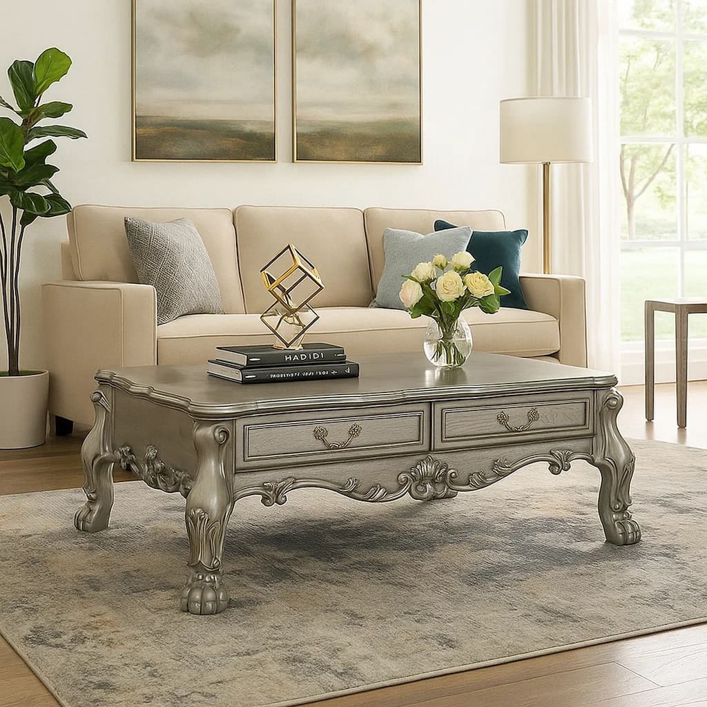 2 Drawers Wooden Coffee Table with Oversized Claw Legs, Antique Silver