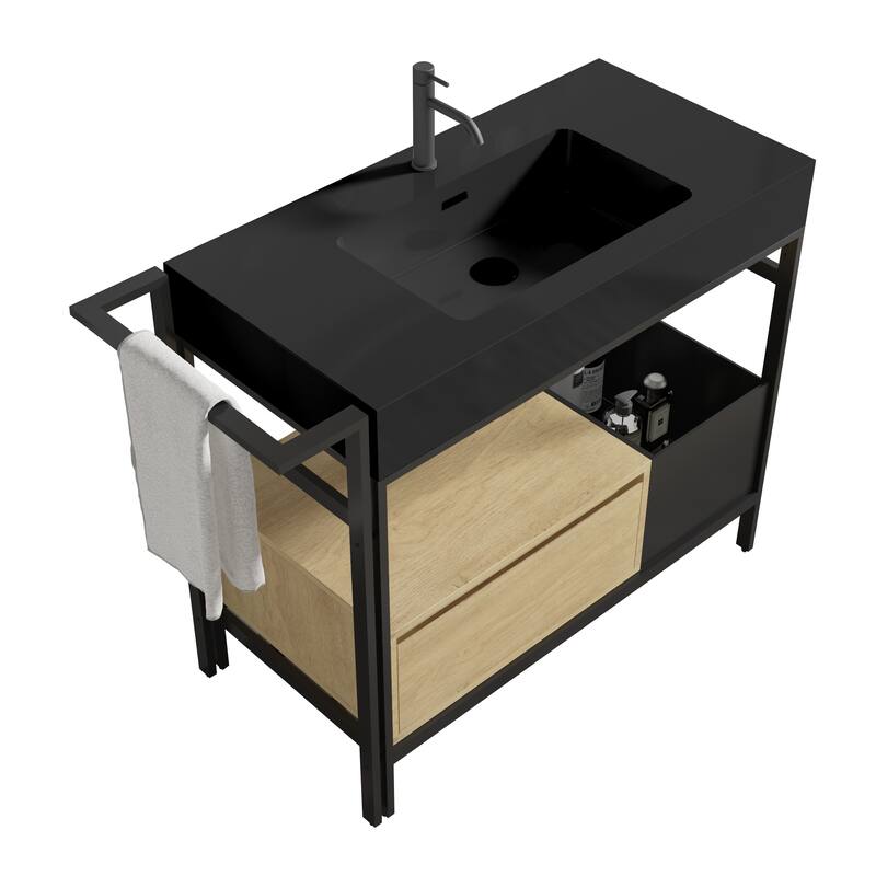 36" Industrial Modular Bathroom Vanity - Metal Frame with Seamless Artificial Stone Basin(Drain & Faucet Not Included)