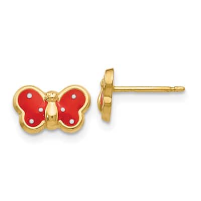 Curata 14k Yellow Gold Girls Red Enamel Butterfly Post Stud Earrings - 11x10mm