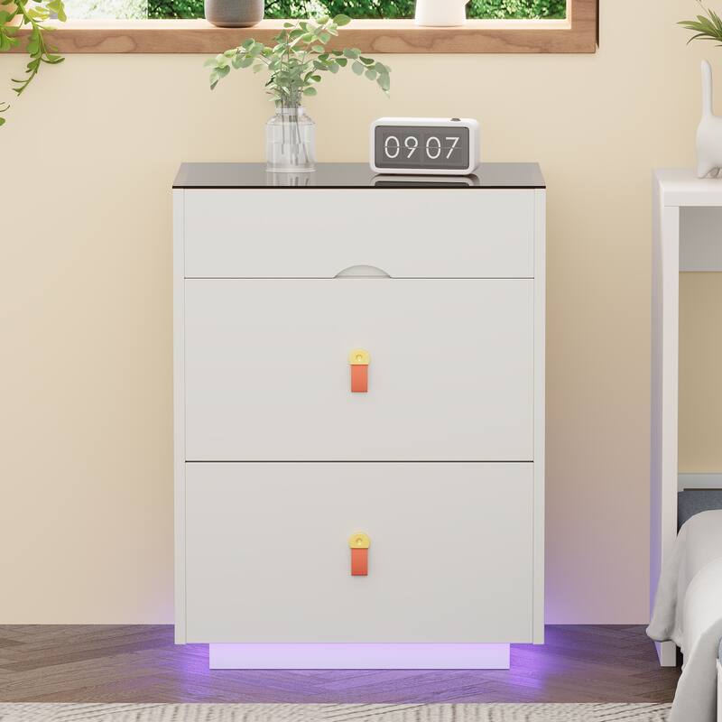 3-Drawer 30"Nightstand with LED Light, Nightstand with 3 Storage Drawers, Bedside Table with Glass Top Jewelry Storage