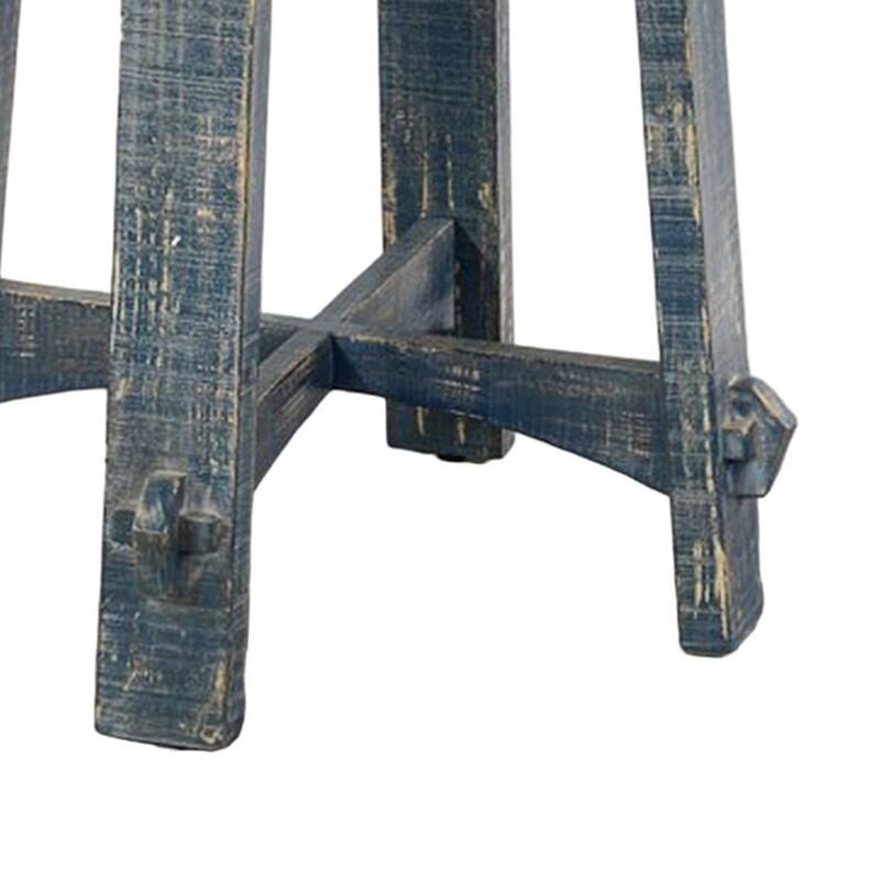 Rena Side End Table, 24 Inch Round Top, Rustic Distressed Blue Wood