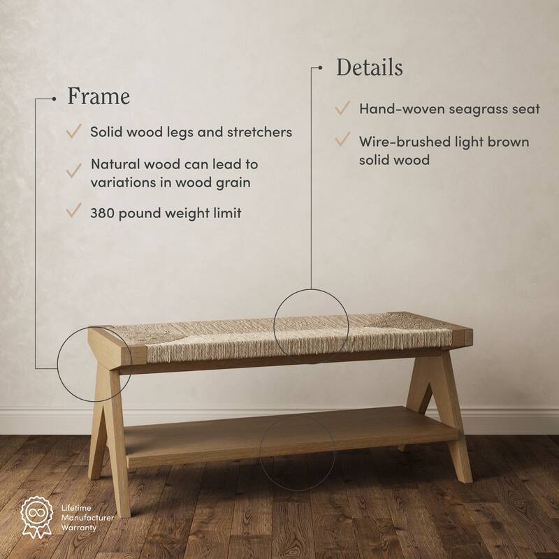 Beacon Bohemian Bench Seat with Shoe Storage, Seagrass Entryway or End of Bed Bench with Solid Wood Frame