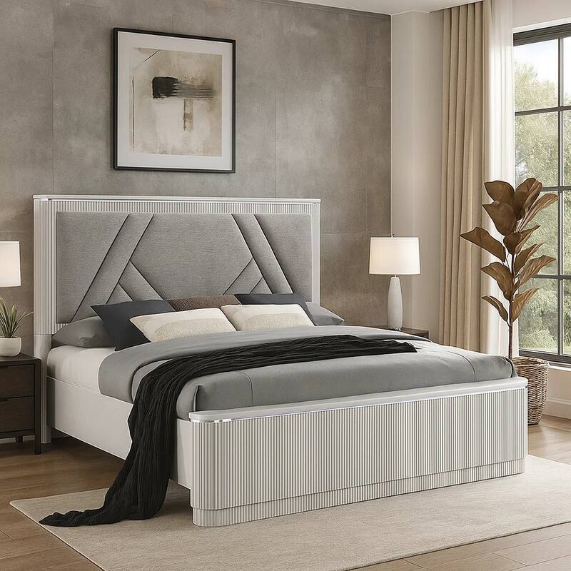 Alda King Bed, Upholstered Geometric Headboard, Light Gray Reeded Wood